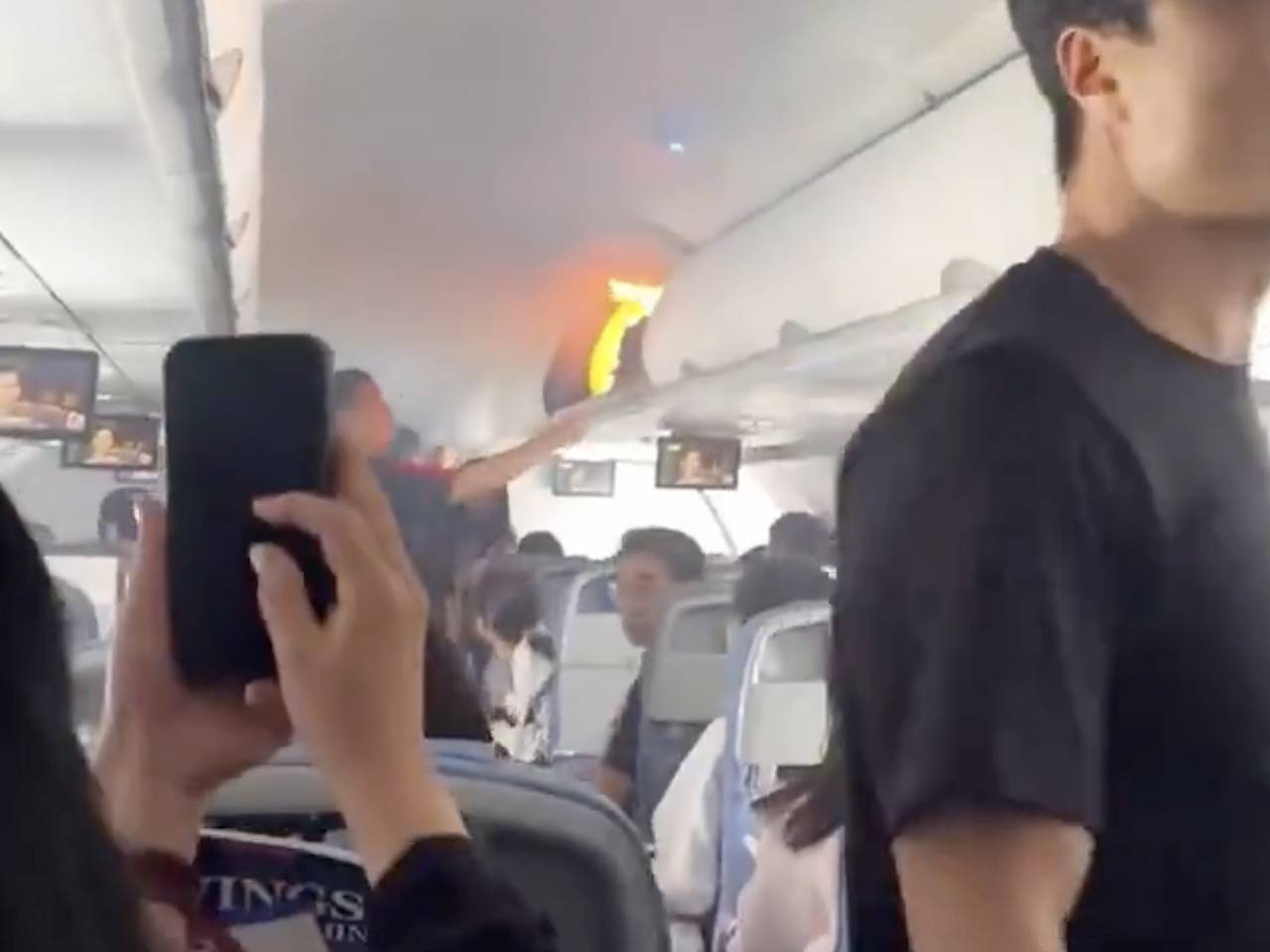 Пауэрбанк загорелся в ручной клади пассажира самолета и попал на видео