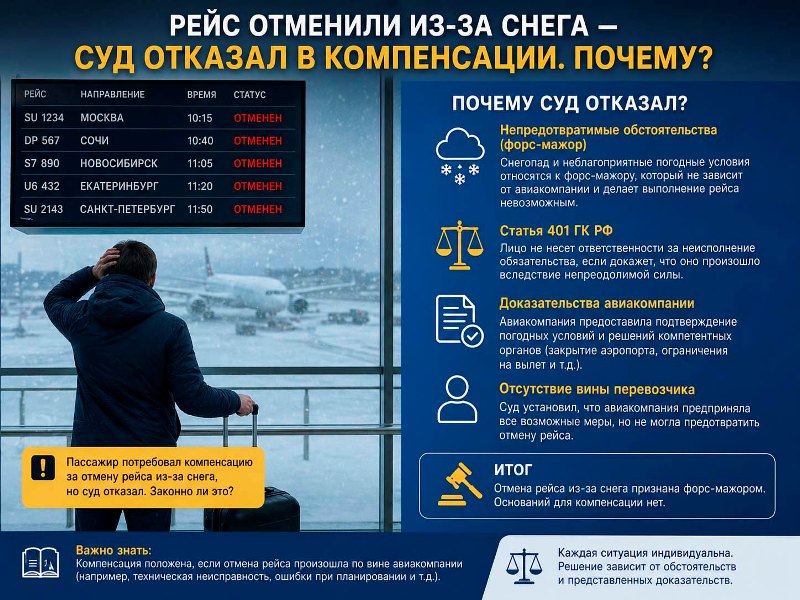 Рейс отменили из-за снега &mdash; суд отказал в компенсации. Почему?